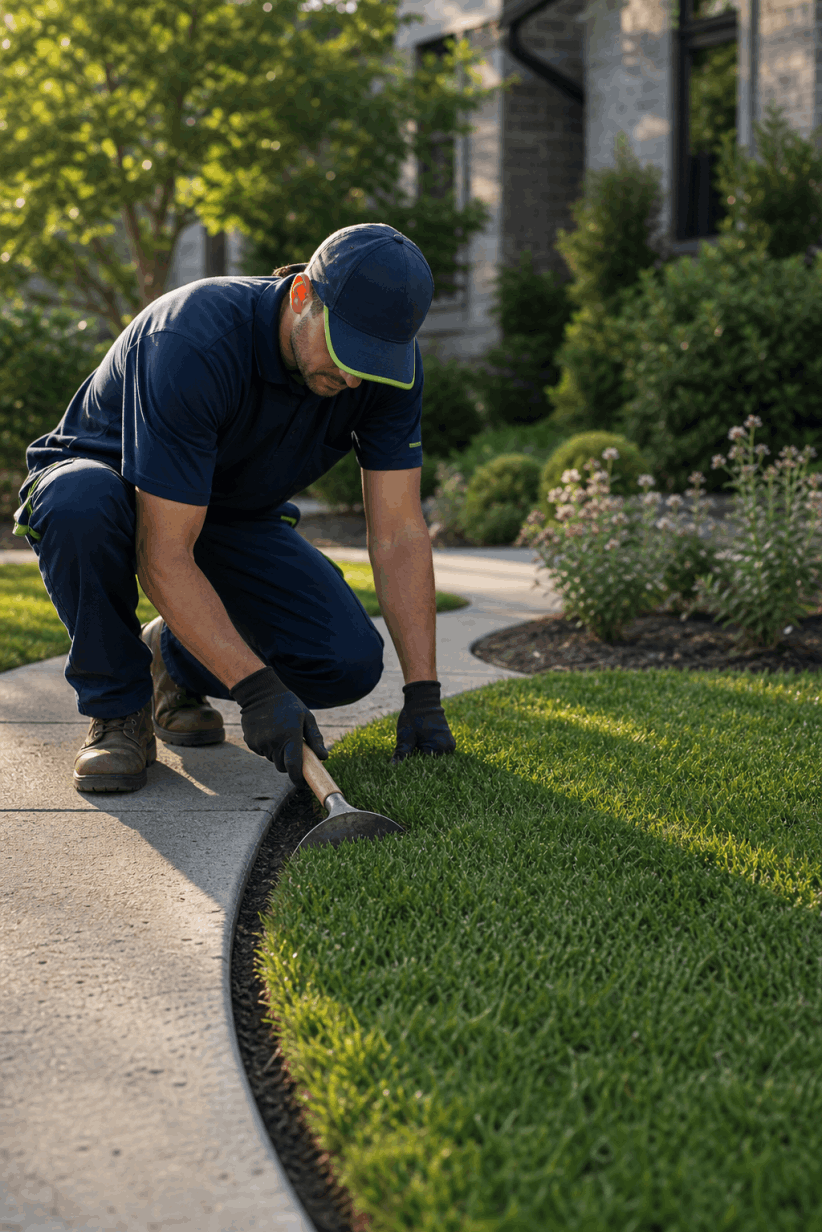 Landscaper creating a clean precise lawn edge