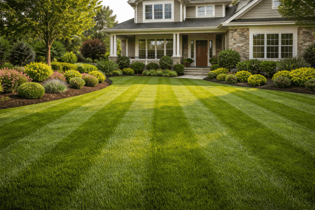Freshly cut striped lawn in front of a house